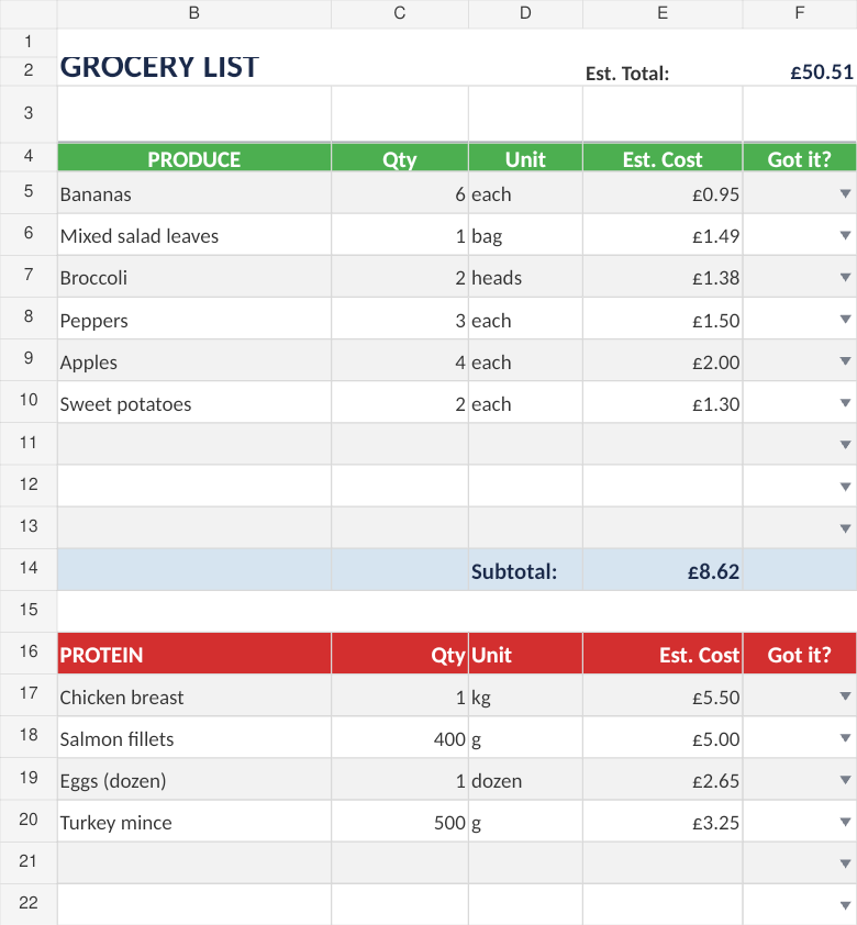 Grocery List with fictional example data from the September 2026 workbook