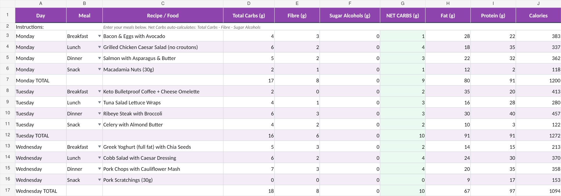 Weekly Meal Plan with fictional example data from the September 2026 workbook