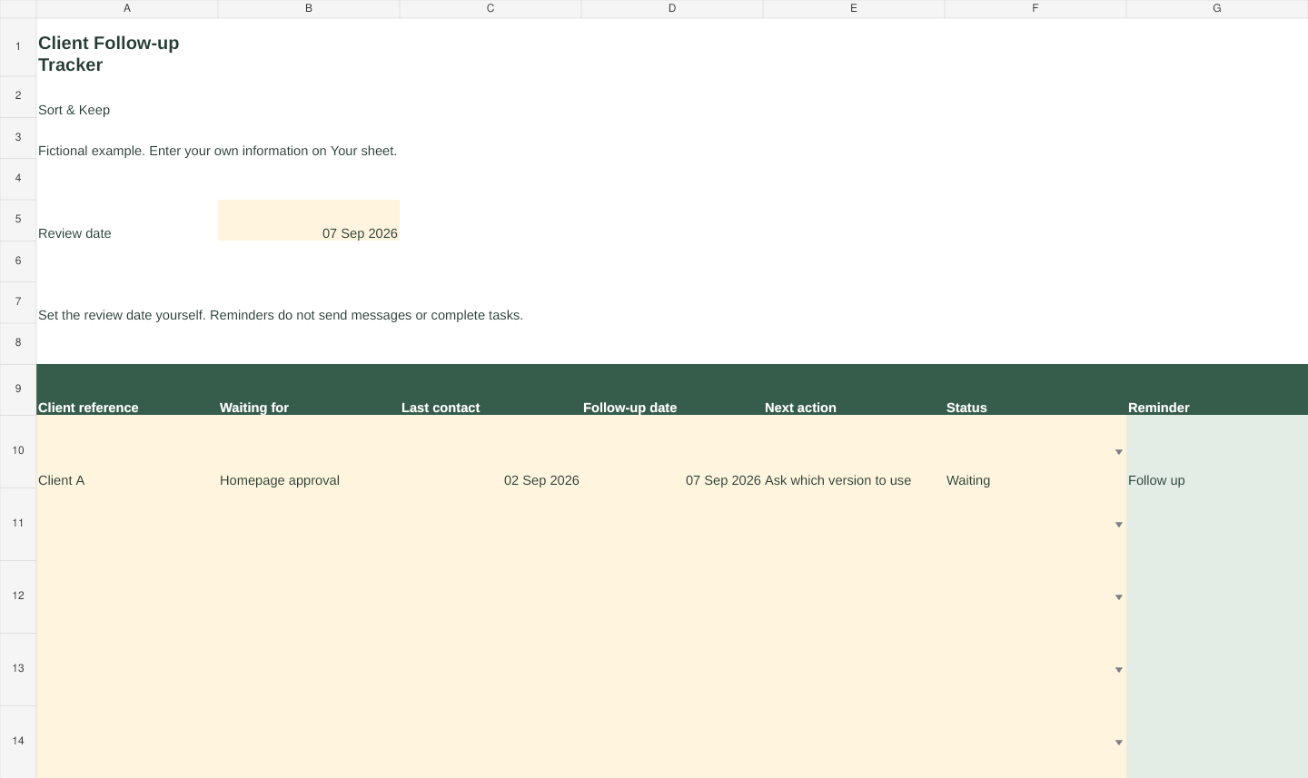 Client Follow-up Tracker fictional example