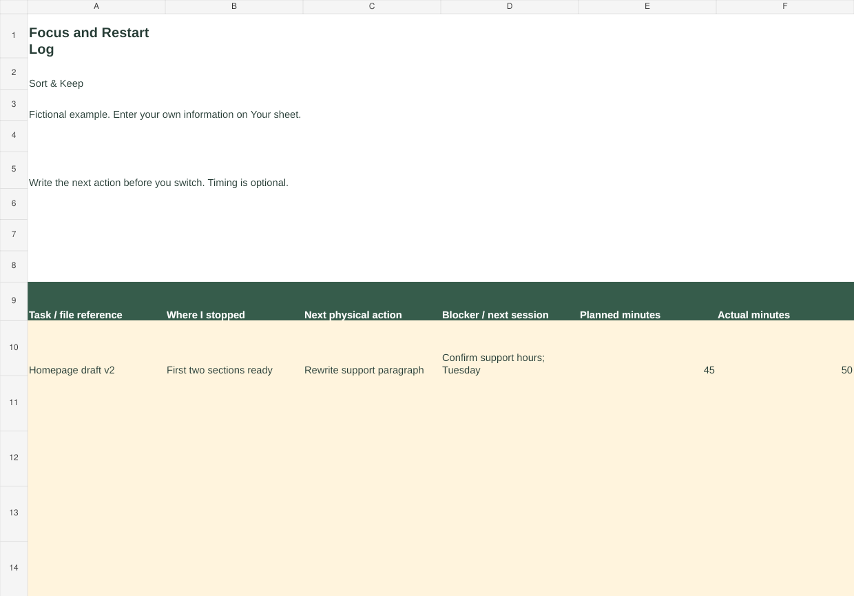 Focus and Restart Log fictional example
