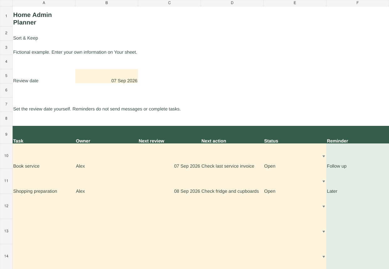 Home Admin Planner fictional example