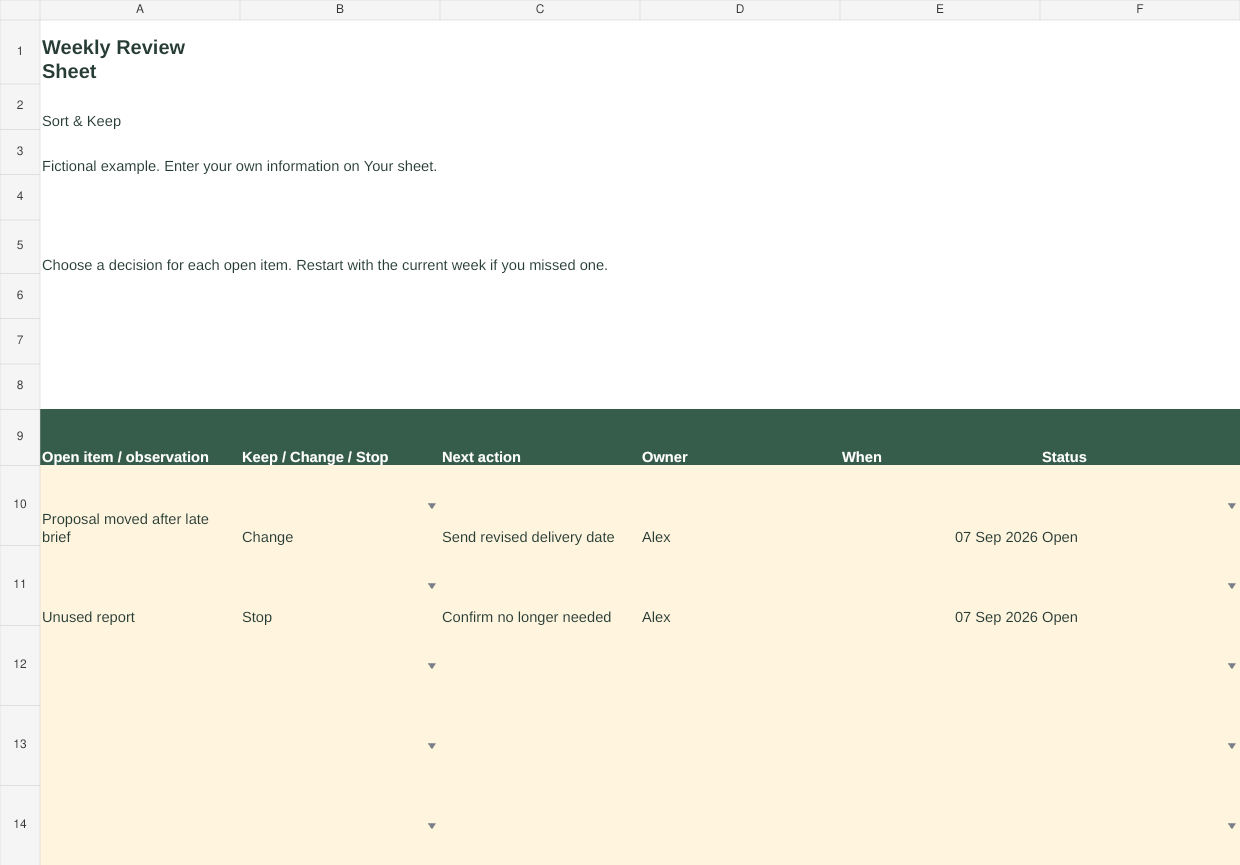 Weekly Review Sheet showing a fictional completed example