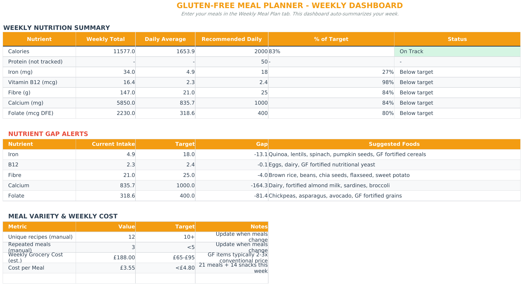 Genuine Gluten-Free Meal Planner & Cross-Contamination Guard workbook view with example data