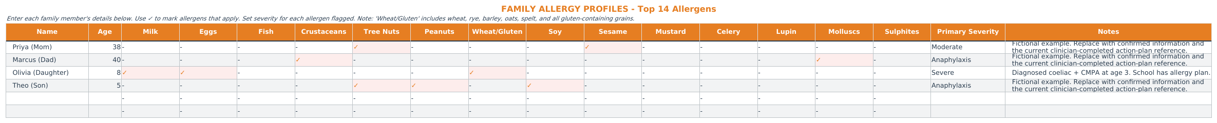 Genuine Multi-Allergy Family Meal Planner workbook view with example data