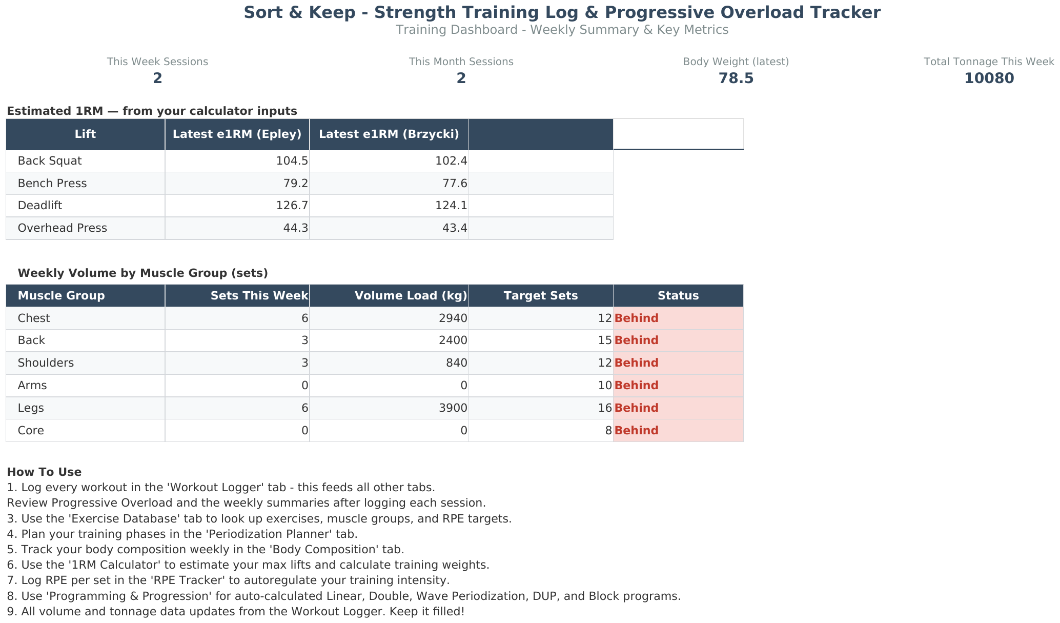 Genuine Strength Training Log & Progressive Overload Tracker workbook view with example data